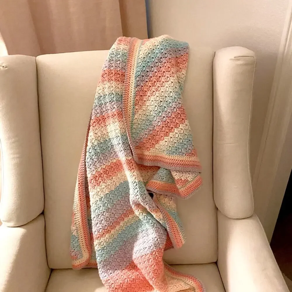 Vintage Handmade Pink Rainbow Baby Blanket 3’ x 4’ throw blanket